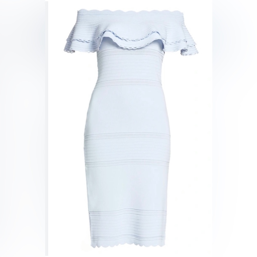 ELIZA J Baby Blue Off the Shoulder Sheath Dress Ruffle Neckline Size Small